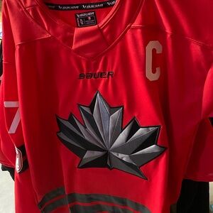 Crosby Bauer Red Hockey Jersey with Black and Gray Leaf